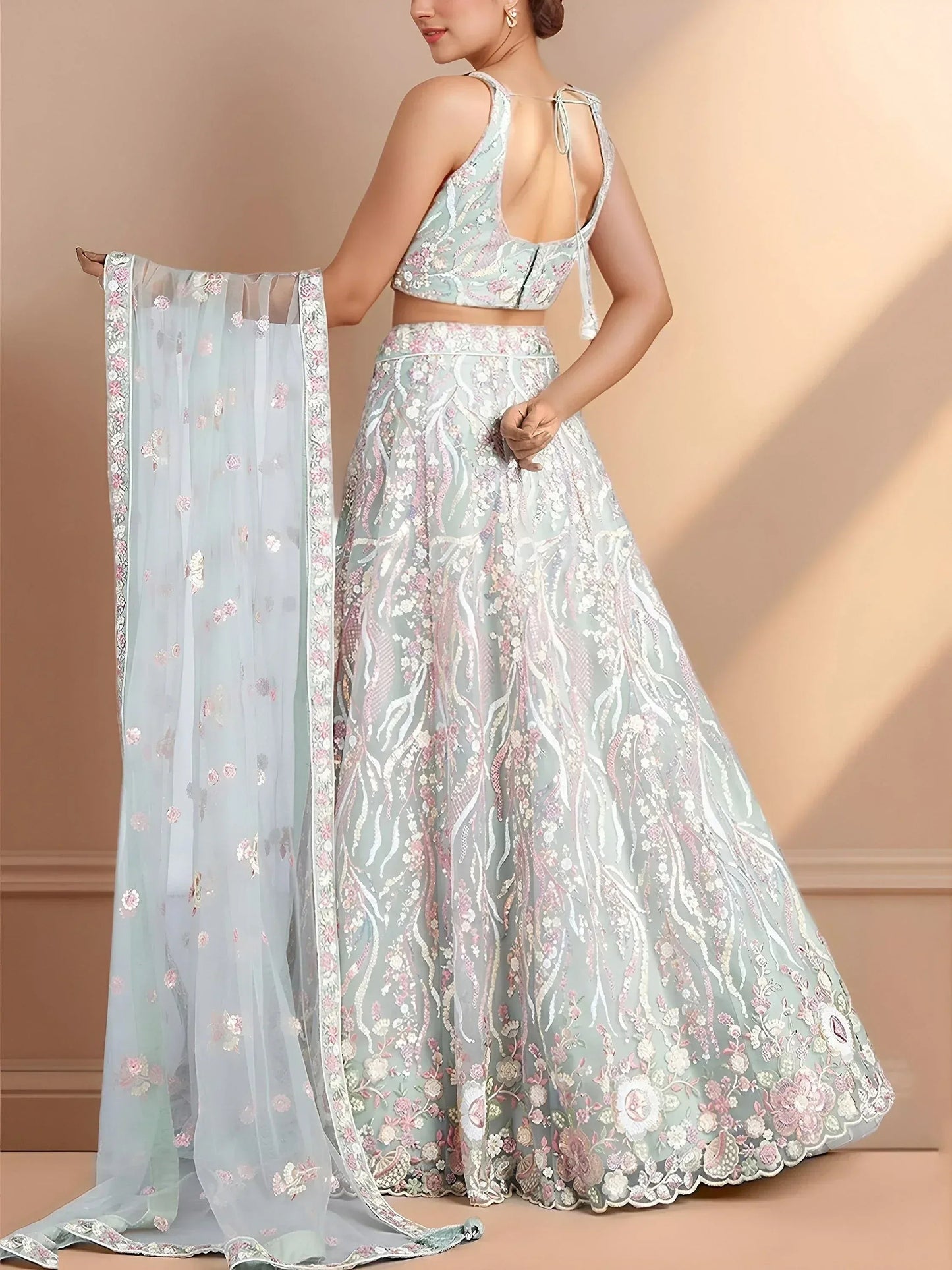 Tulsi Art Stunning Sky-Blue Sequins Net Engagement Wear Lehenga Choli With Dupatta