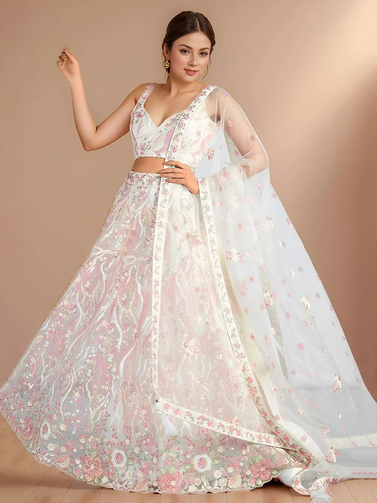 Tulsi Art Wonderful White Sequins Net Bridesmaid Lehenga Choli With Dupatta