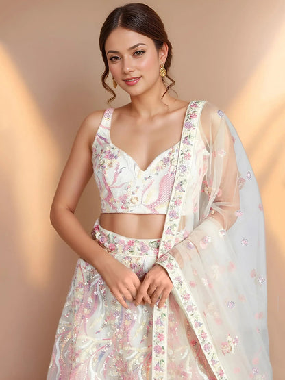 Tulsi Art Wonderful White Sequins Net Bridesmaid Lehenga Choli With Dupatta