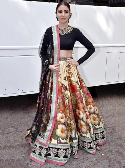 Tulsi Art Anushka Sharma Multi-Color Floral Printed Silk Wedding Lehenga Choli