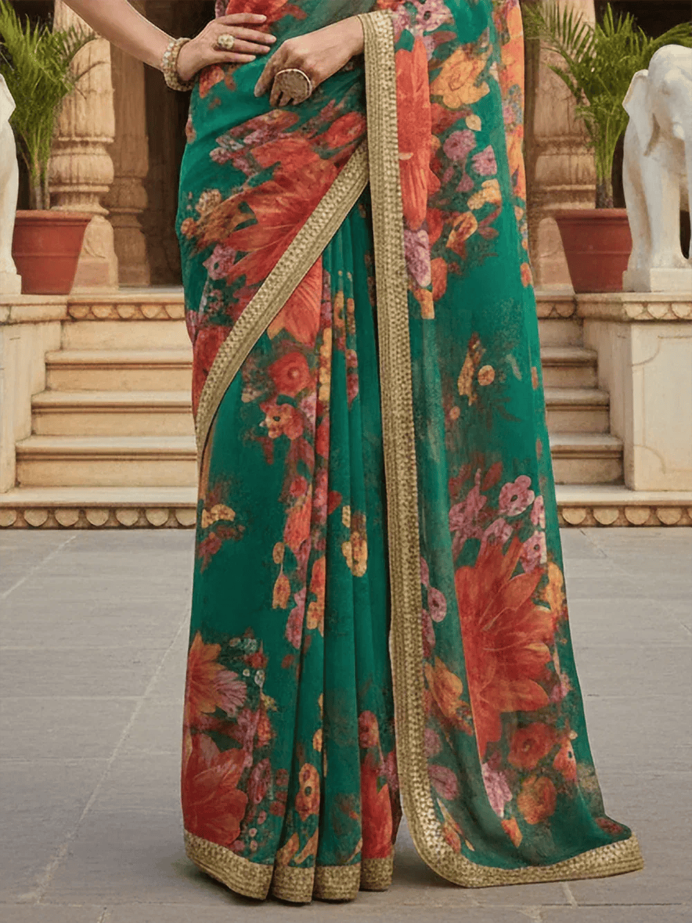Tulsi Art Tantalizing Green Floral Printed Organza Traditional Saree With Blouse