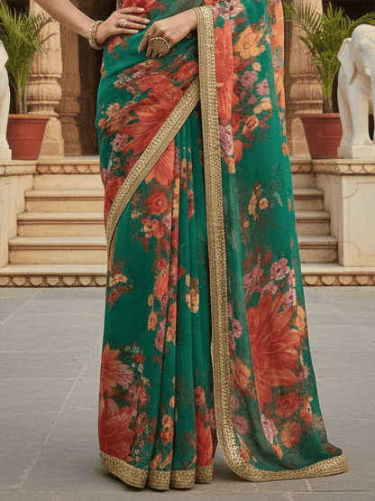 Tulsi Art Tantalizing Green Floral Printed Organza Traditional Saree With Blouse