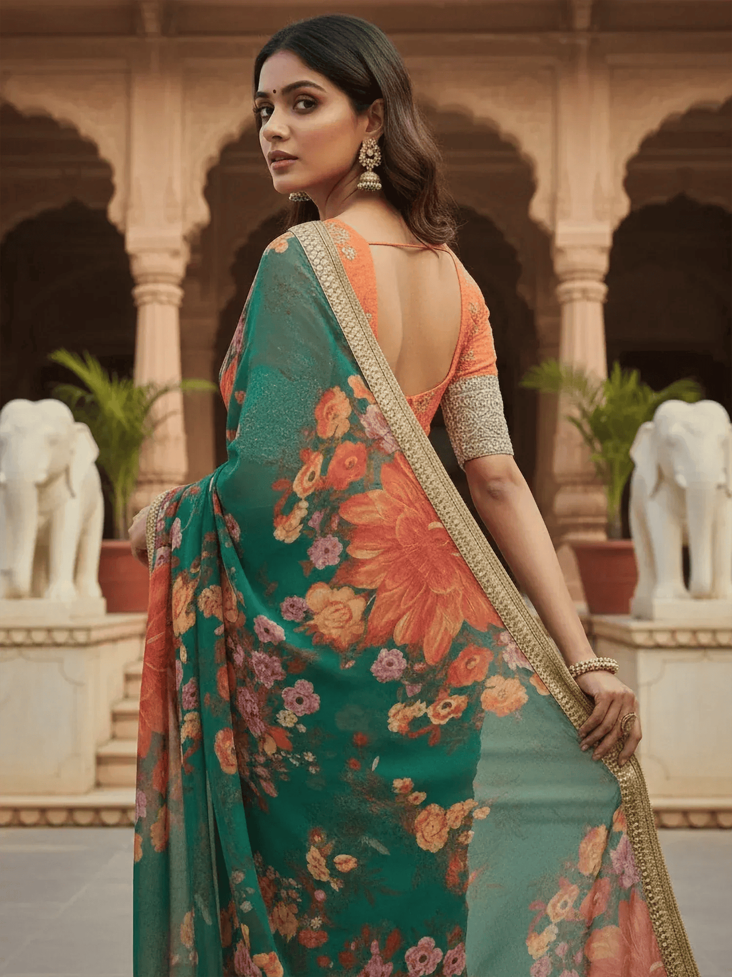 Tulsi Art Tantalizing Green Floral Printed Organza Traditional Saree With Blouse