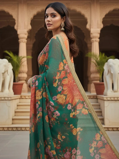 Tulsi Art Tantalizing Green Floral Printed Organza Traditional Saree With Blouse