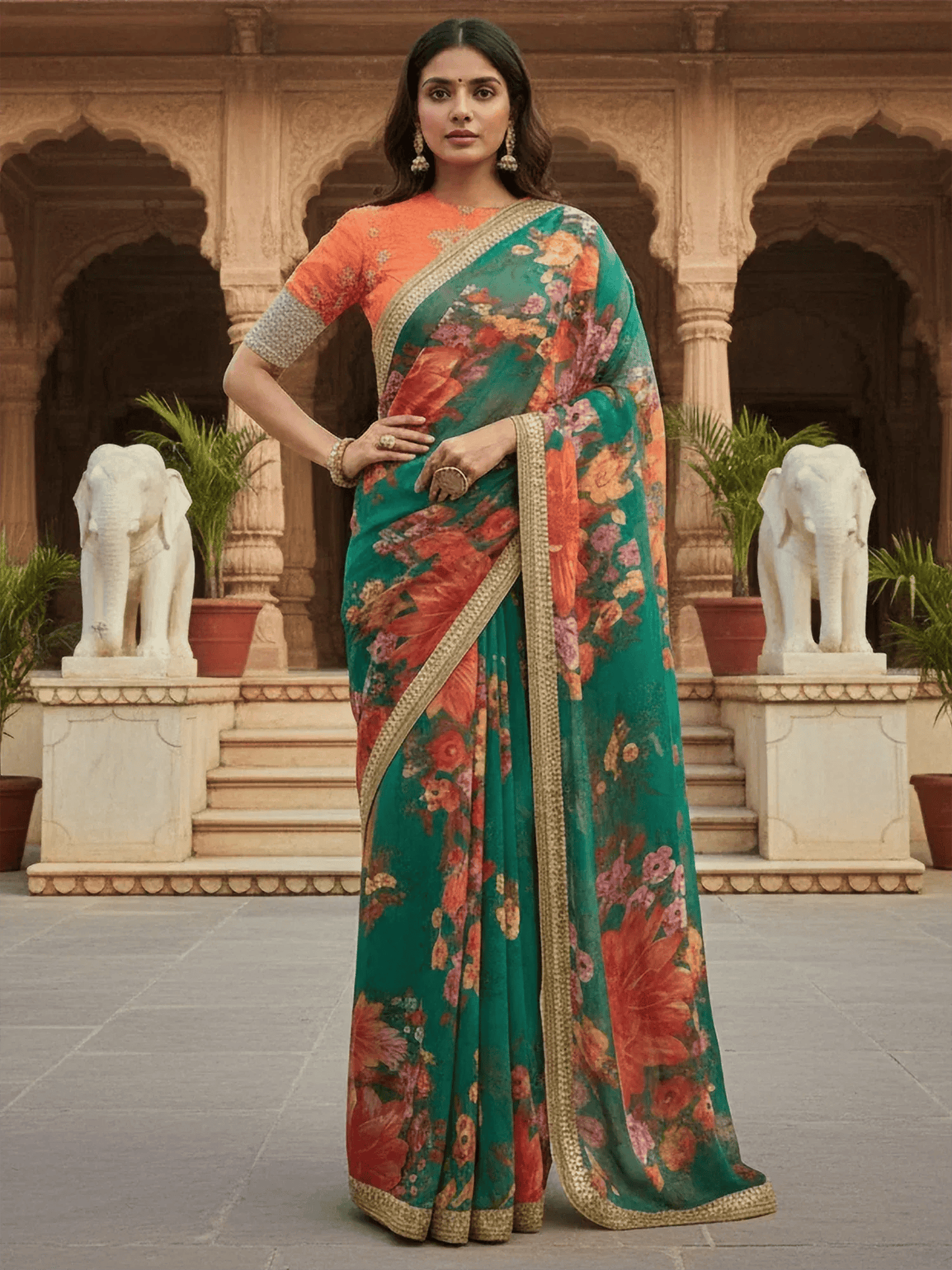Tulsi Art Tantalizing Green Floral Printed Organza Traditional Saree With Blouse