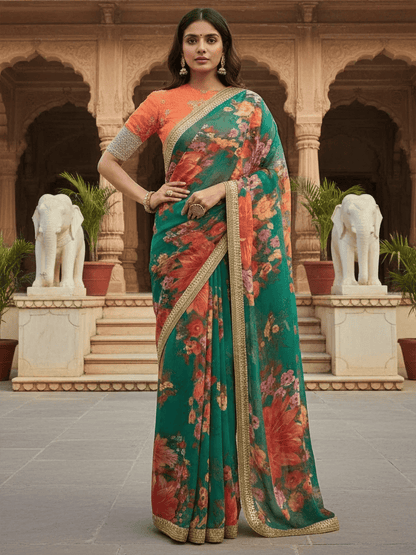 Tulsi Art Tantalizing Green Floral Printed Organza Traditional Saree With Blouse