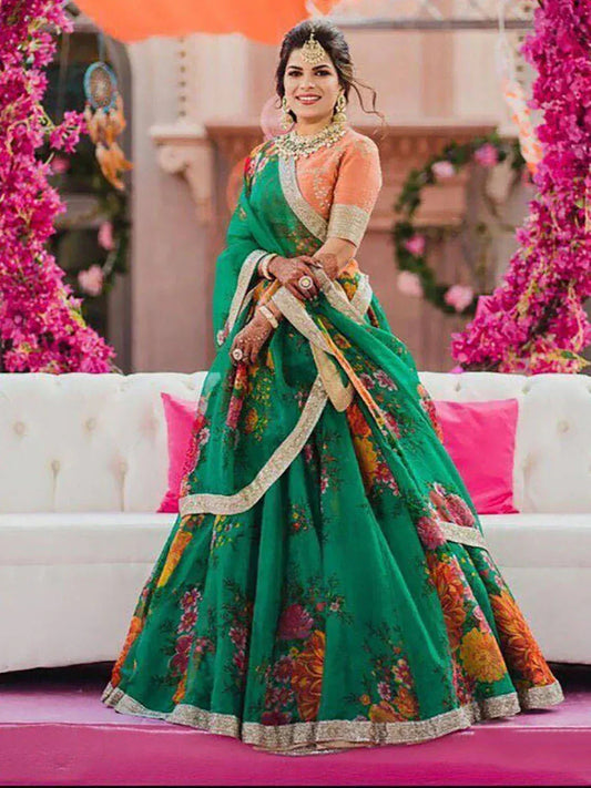 Tulsi Art Sabyasachi Green-Orange Floral Digital Printed Organza Bridal Lehenga Choli