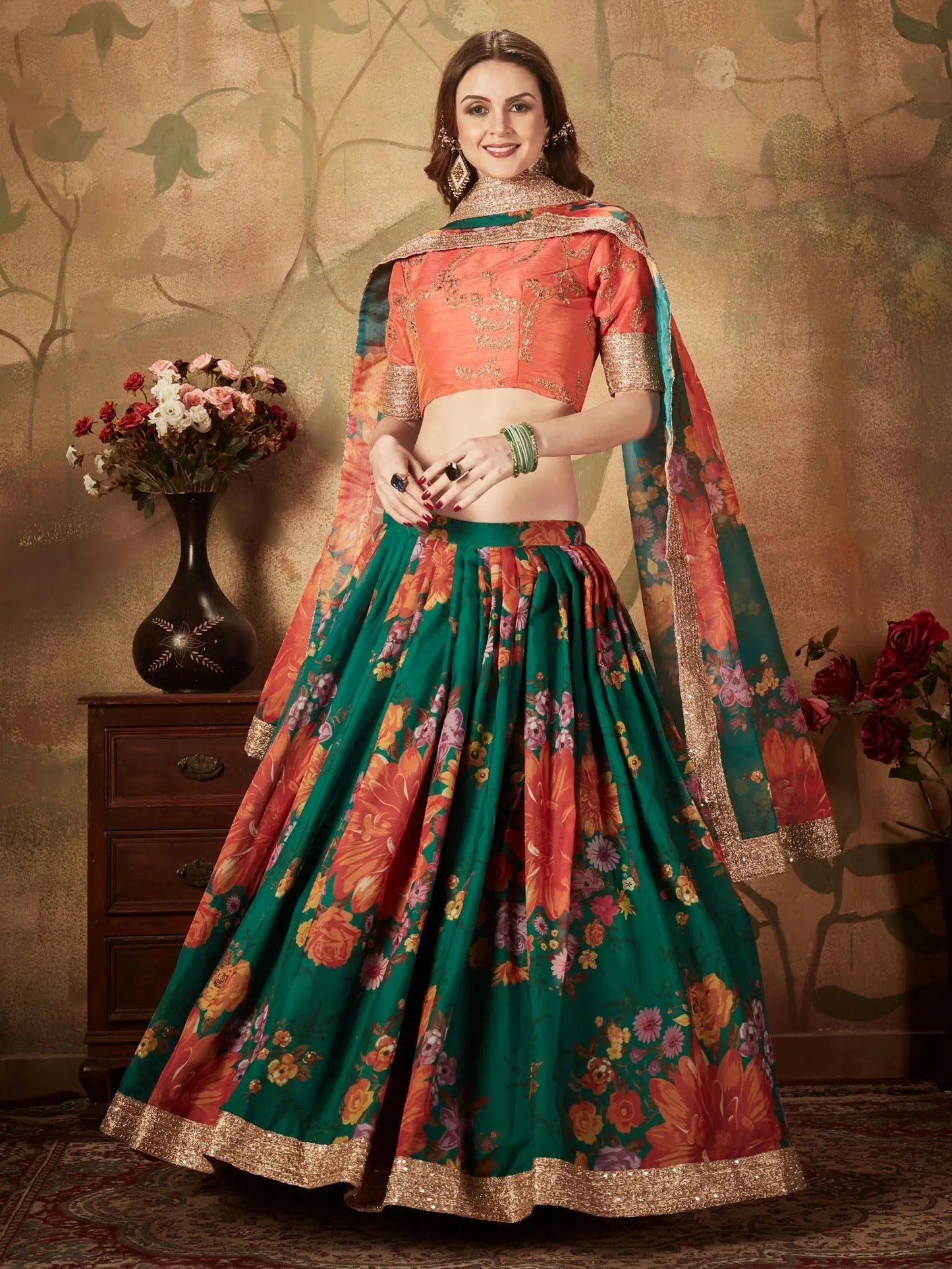 Tulsi Art Sabyasachi Green-Orange Floral Digital Printed Organza Bridal Lehenga Choli