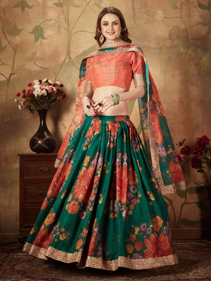 Tulsi Art Sabyasachi Green-Orange Floral Digital Printed Organza Bridal Lehenga Choli