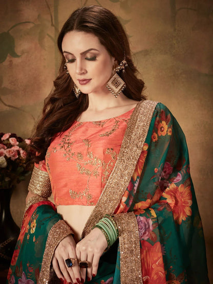 Tulsi Art Sabyasachi Green-Orange Floral Digital Printed Organza Bridal Lehenga Choli
