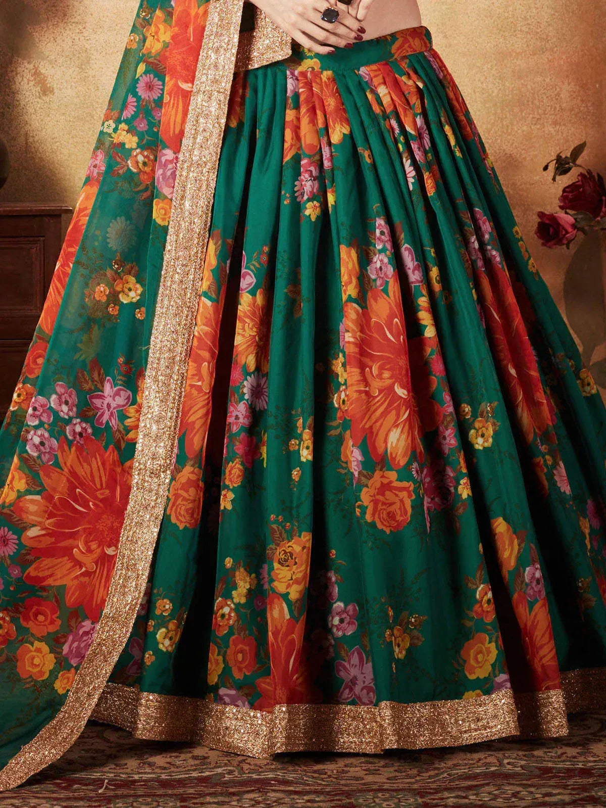 Tulsi Art Sabyasachi Green-Orange Floral Digital Printed Organza Bridal Lehenga Choli
