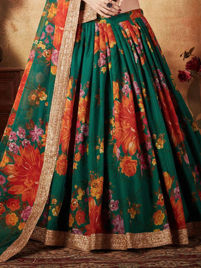 Tulsi Art Sabyasachi Green-Orange Floral Digital Printed Organza Bridal Lehenga Choli