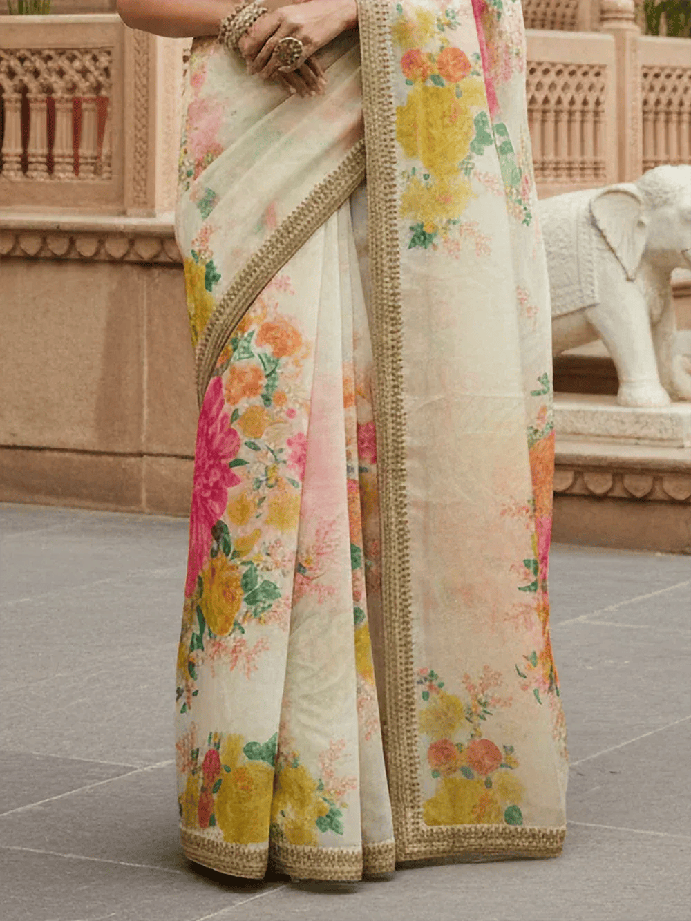 Tulsi Art Beautiful Off White Floral Printed Organza Festival Wear Saree With Blouse