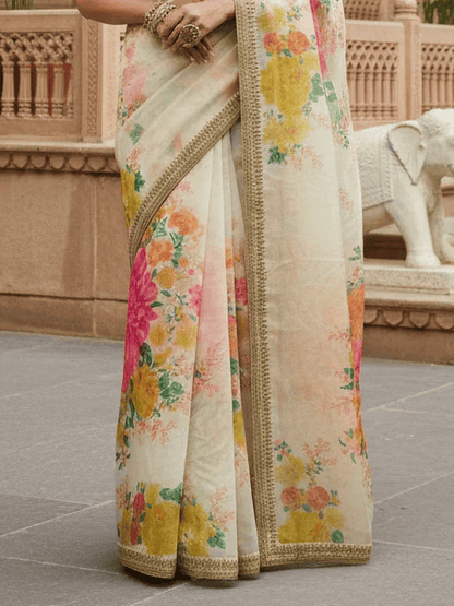 Tulsi Art Beautiful Off White Floral Printed Organza Festival Wear Saree With Blouse