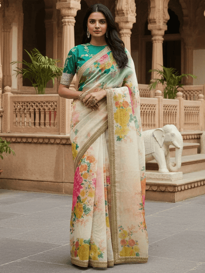 Tulsi Art Beautiful Off White Floral Printed Organza Festival Wear Saree With Blouse