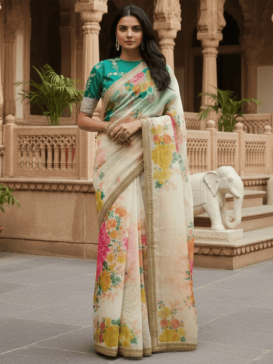 Tulsi Art Beautiful Off White Floral Printed Organza Festival Wear Saree With Blouse