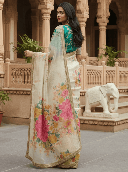 Tulsi Art Beautiful Off White Floral Printed Organza Festival Wear Saree With Blouse