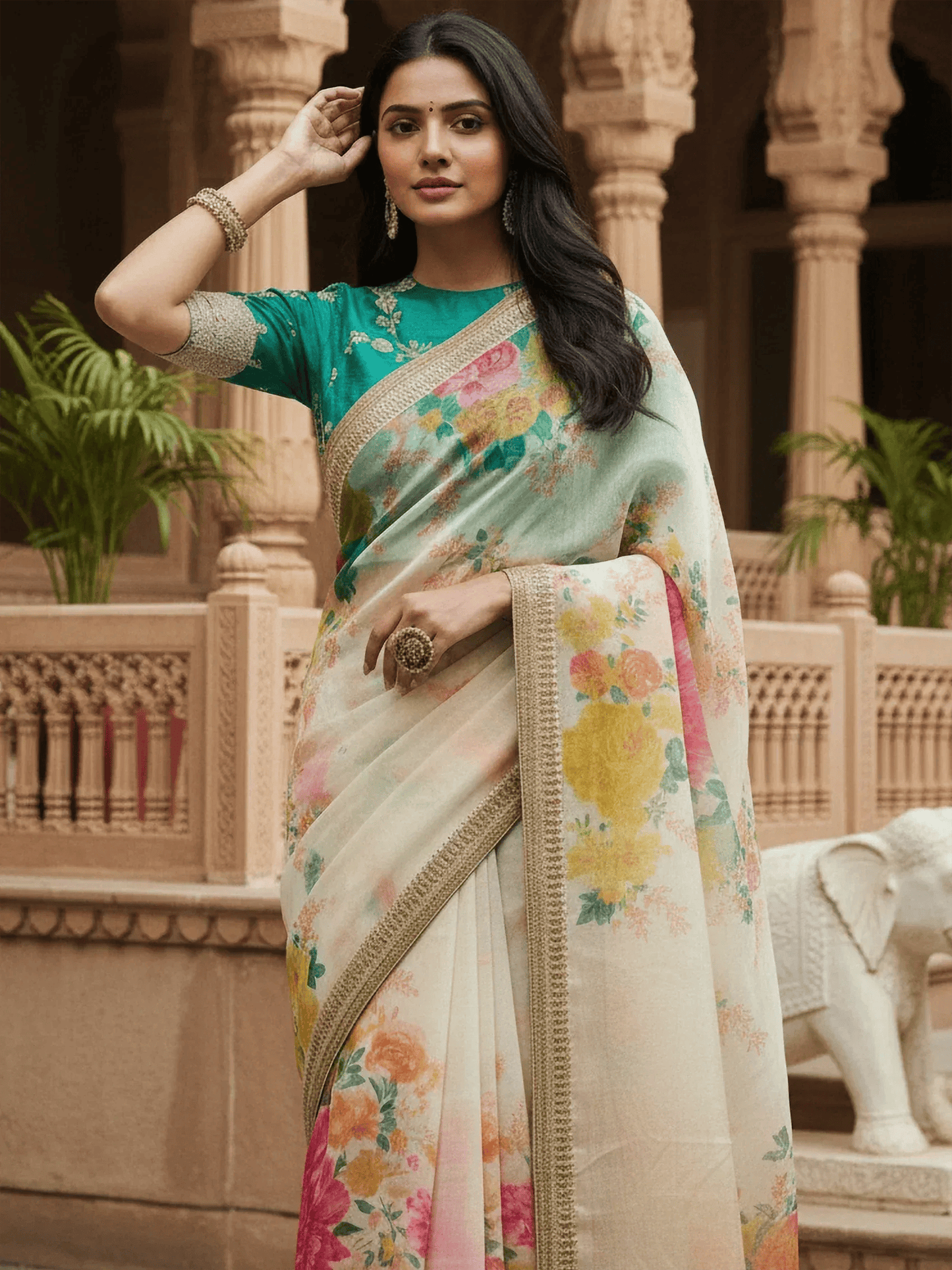 Tulsi Art Beautiful Off White Floral Printed Organza Festival Wear Saree With Blouse