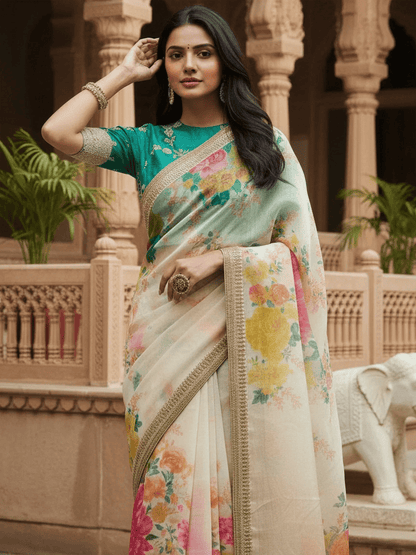 Tulsi Art Beautiful Off White Floral Printed Organza Festival Wear Saree With Blouse