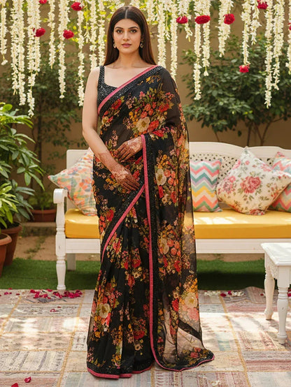 Tulsi Art Outstanding Black Floral Printed Organza Reception Wear Saree With Blouse