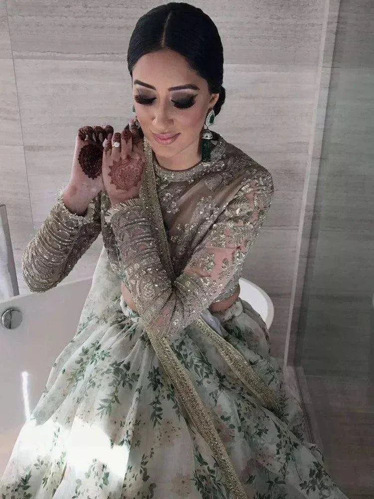Tulsi Art Sabyasachi White Floral Printed Organza Silk Bridal Lehenga Choli