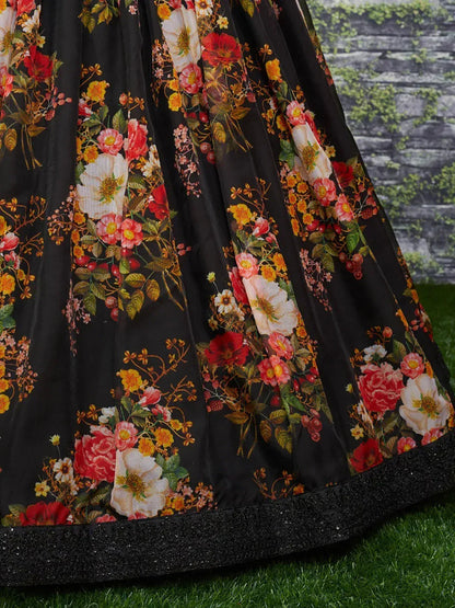 Tulsi Art Sabyasachi Black Floral Organza Party Wear Lehenga With Sequins Choli