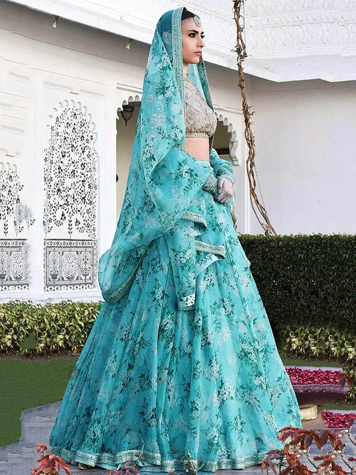 Tulsi Art Sabyasachi Sky Blue Floral Organza Bridal Lehenga Choli