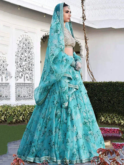 Tulsi Art Sabyasachi Sky Blue Floral Organza Bridal Lehenga Choli