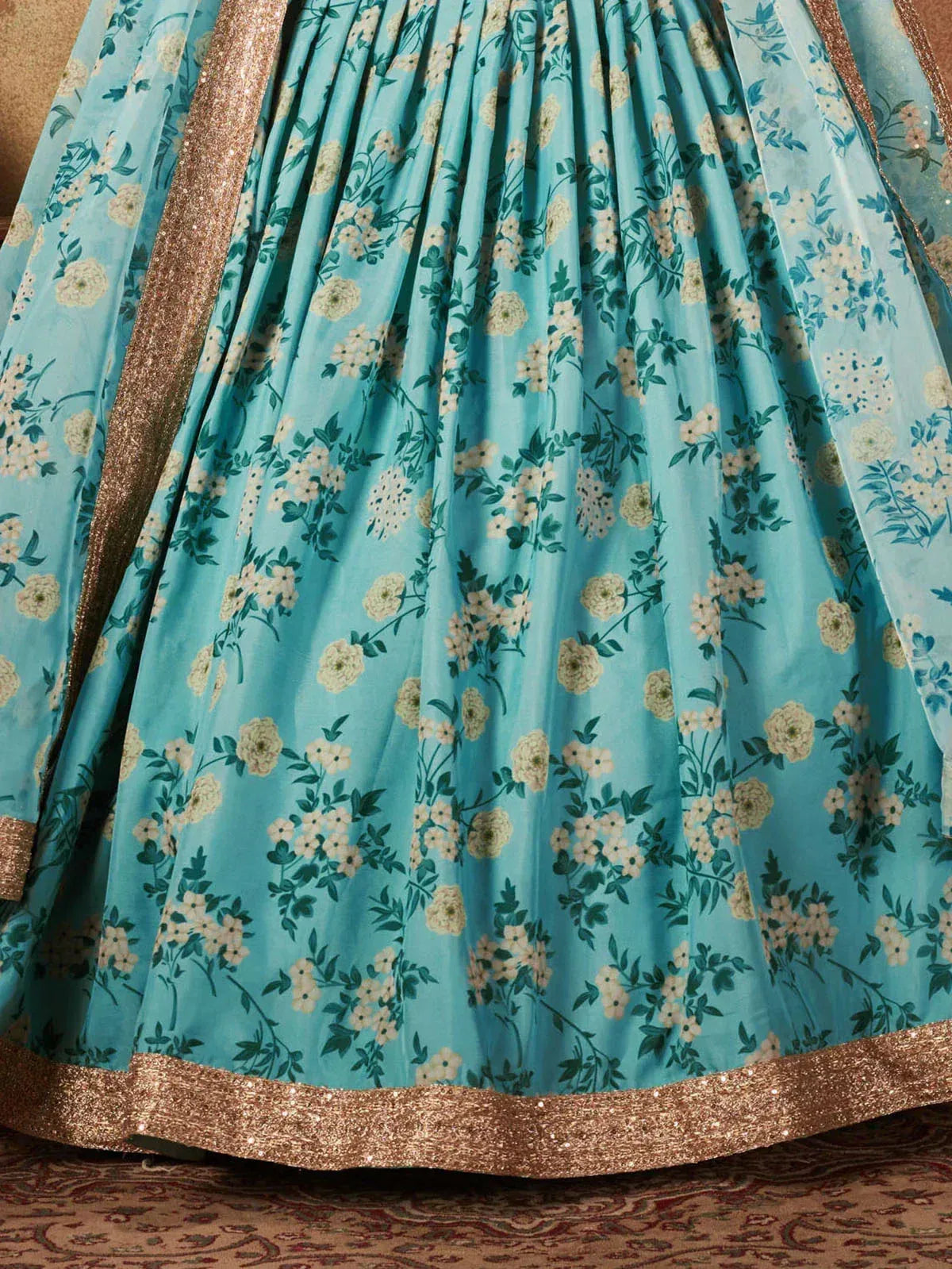 Tulsi Art Sabyasachi Sky Blue Floral Organza Bridal Lehenga Choli