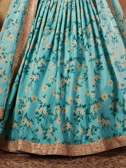 Tulsi Art Sabyasachi Sky Blue Floral Organza Bridal Lehenga Choli