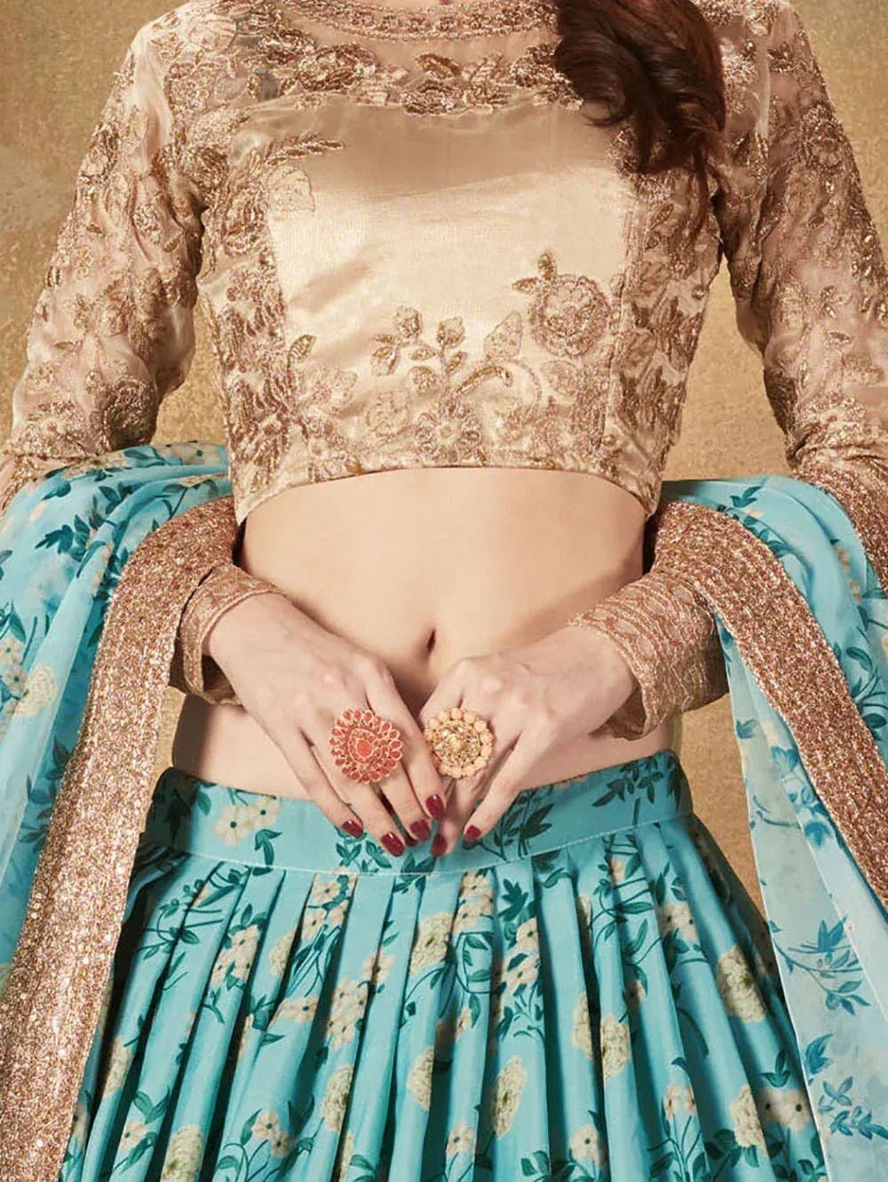 Tulsi Art Sabyasachi Sky Blue Floral Organza Bridal Lehenga Choli