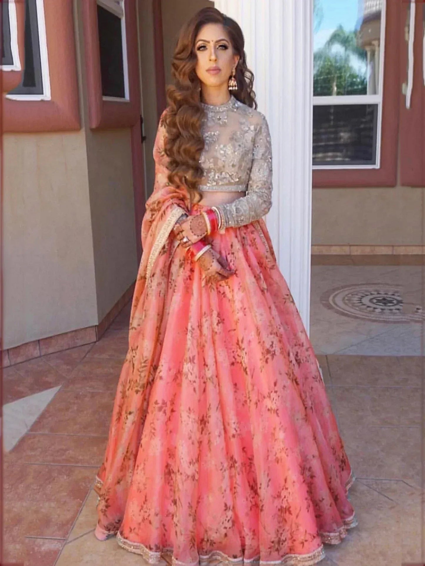 Tulsi Art Sabyasachi Pink Floral Organza Bridal Lehenga Choli