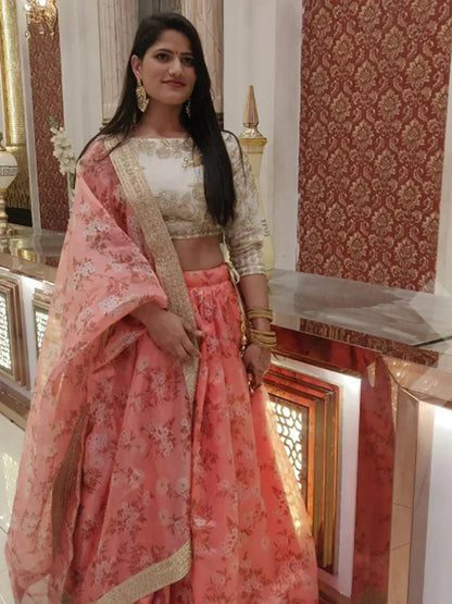Tulsi Art Sabyasachi Pink Floral Organza Bridal Lehenga Choli