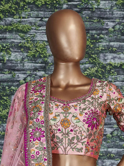 Tulsi Art Anushka Sharma Peach Embroidered Taffeta Silk Bridal Wear Lehenga Choli