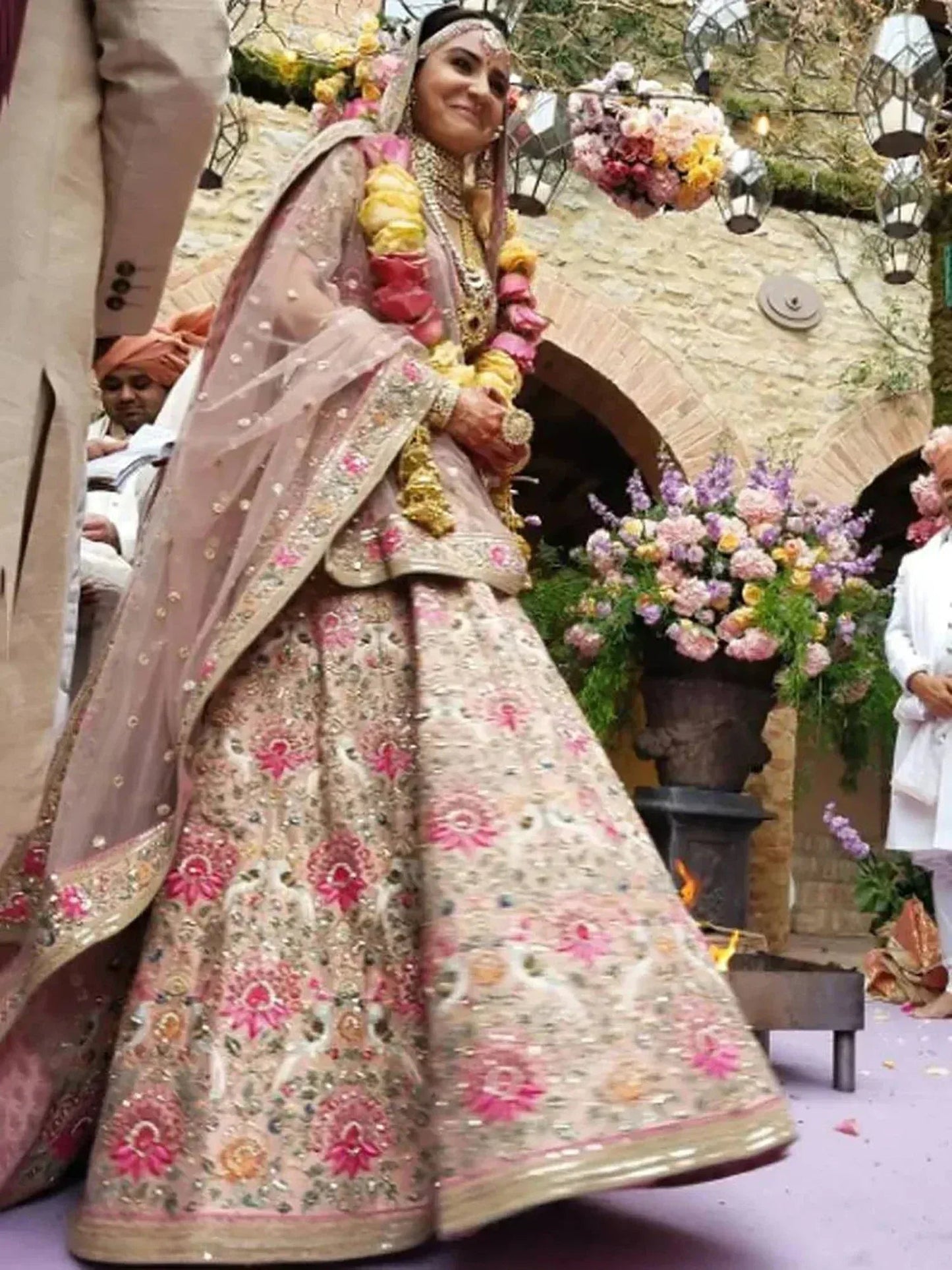Tulsi Art Anushka Sharma Peach Embroidered Taffeta Silk Bridal Wear Lehenga Choli