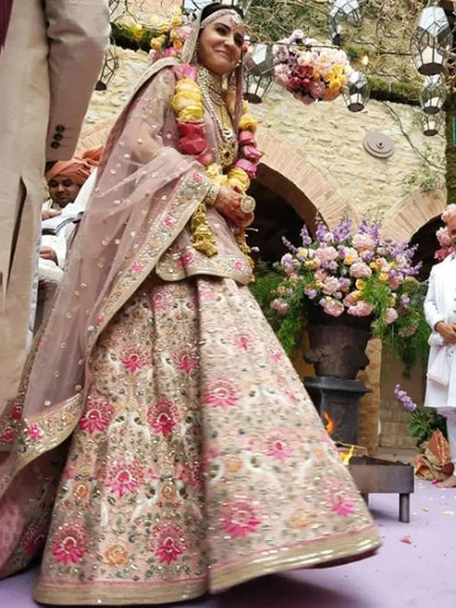Tulsi Art Anushka Sharma Peach Embroidered Taffeta Silk Bridal Wear Lehenga Choli