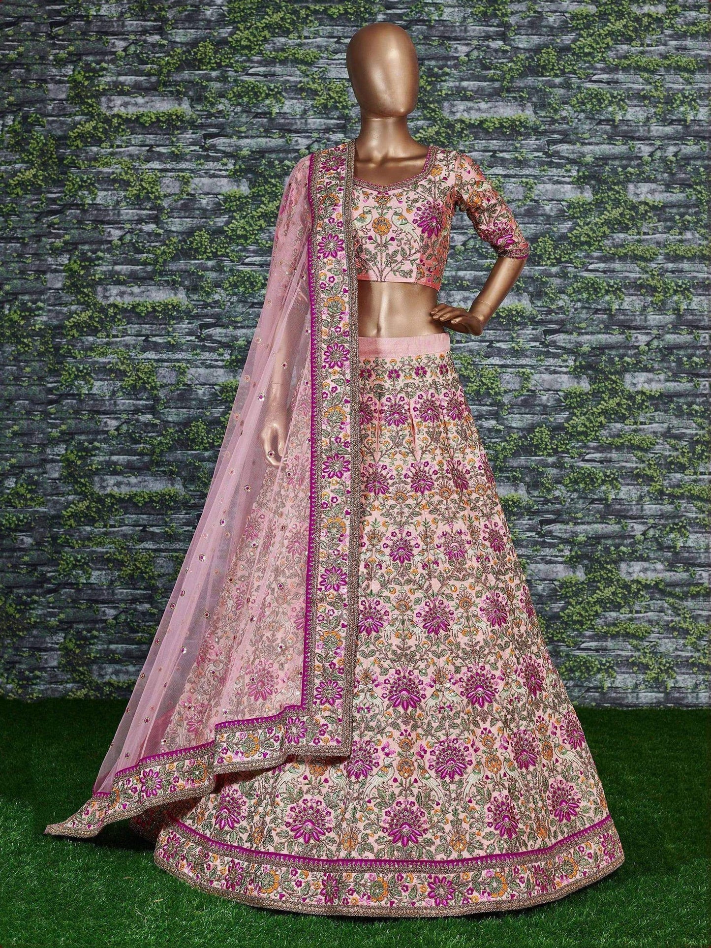 Tulsi Art Anushka Sharma Peach Embroidered Taffeta Silk Bridal Wear Lehenga Choli