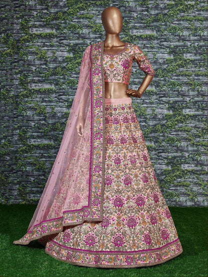Tulsi Art Anushka Sharma Peach Embroidered Taffeta Silk Bridal Wear Lehenga Choli