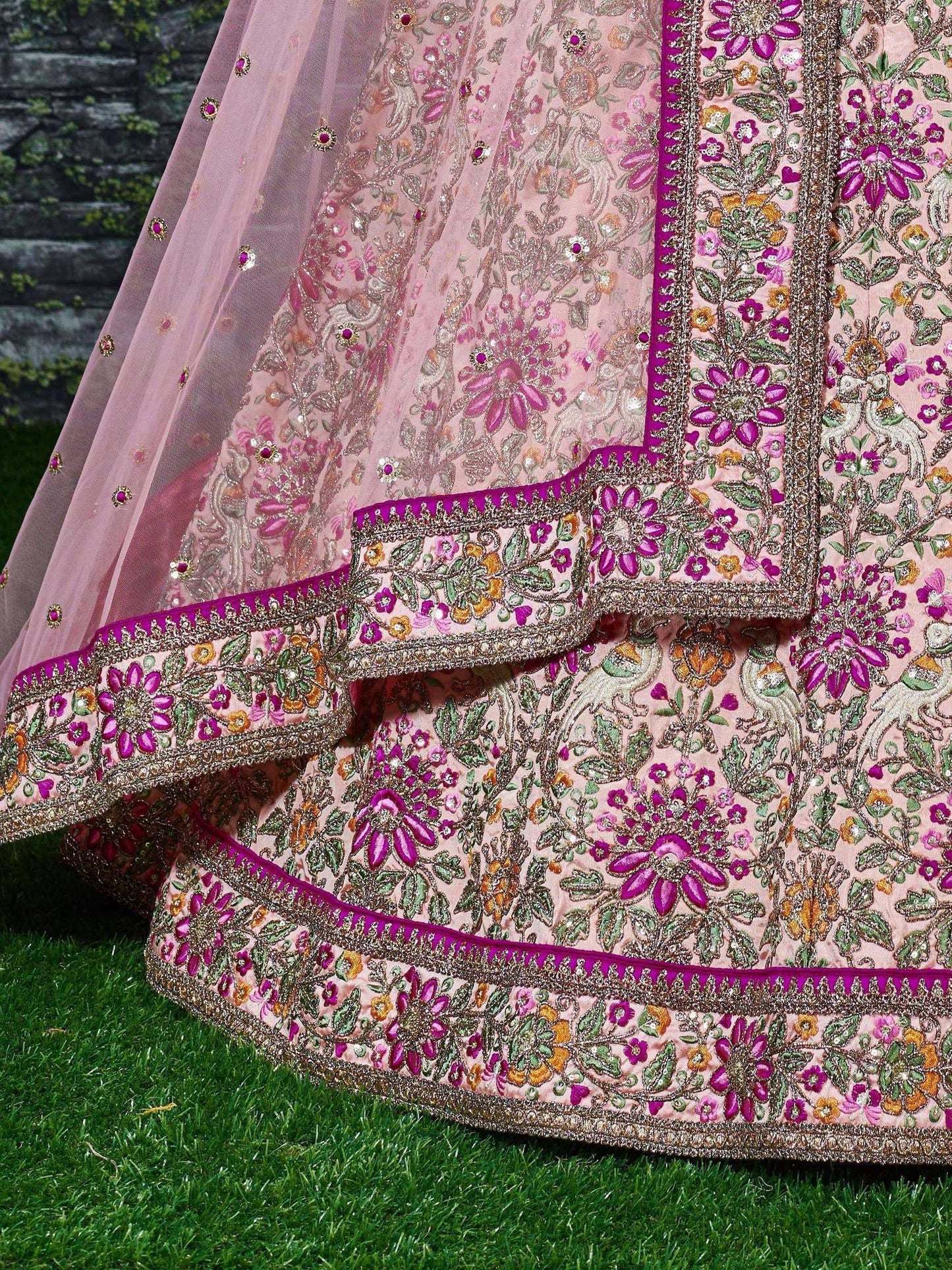 Tulsi Art Anushka Sharma Peach Embroidered Taffeta Silk Bridal Wear Lehenga Choli