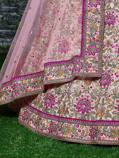 Tulsi Art Anushka Sharma Peach Embroidered Taffeta Silk Bridal Wear Lehenga Choli