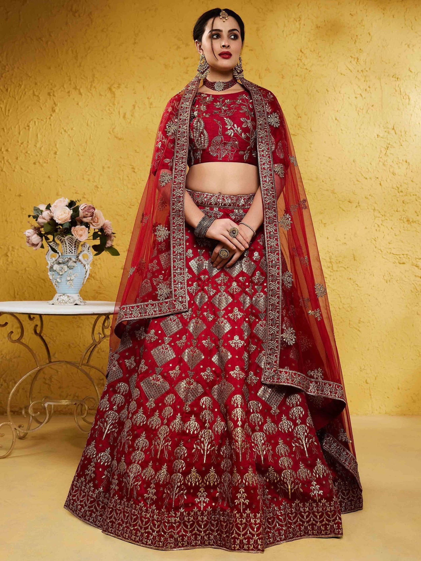 Tulsi Art Fascinating Red Embroidered Silk Bridal Lehenga Choli With Dupatta