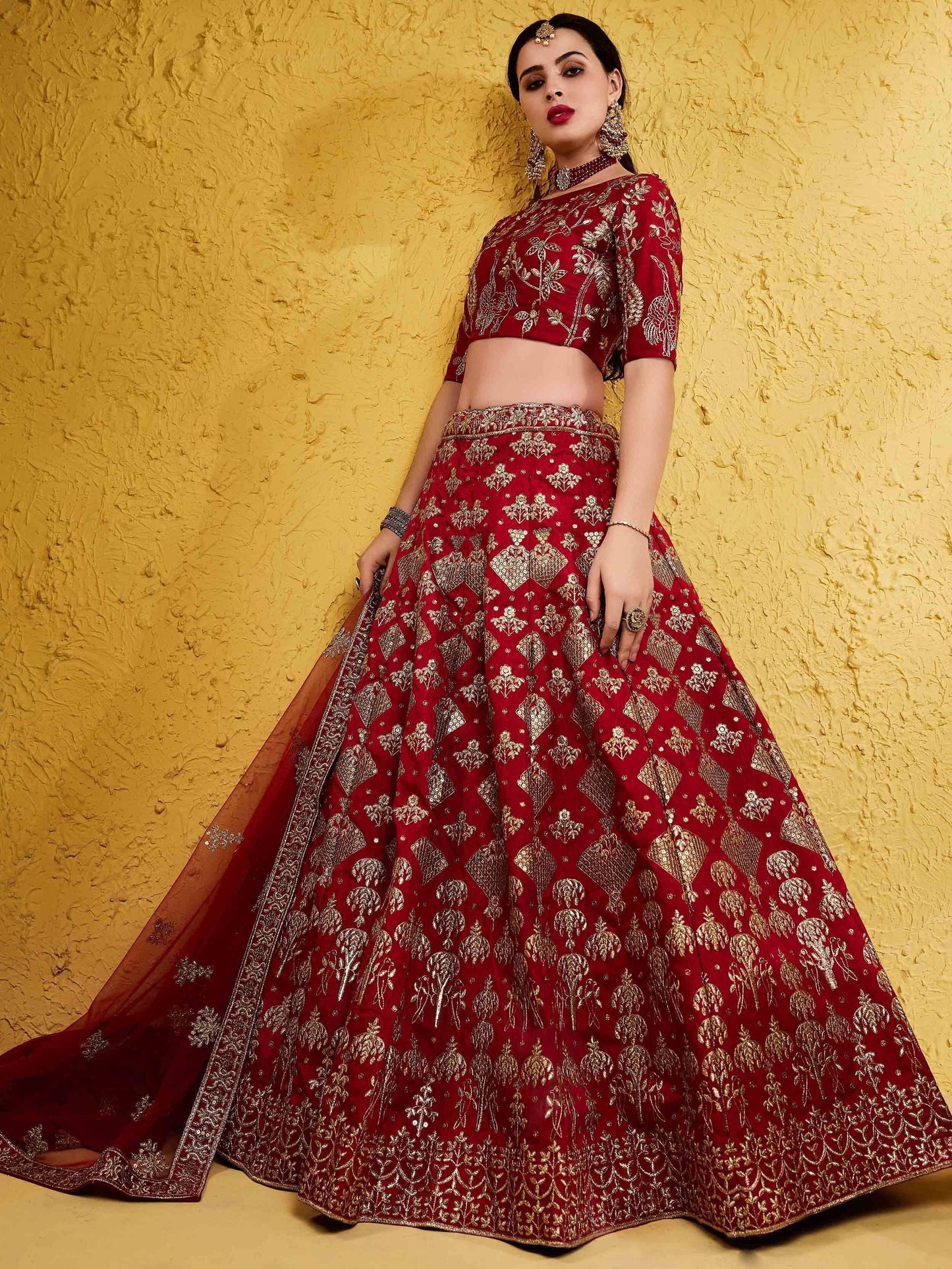 Tulsi Art Fascinating Red Embroidered Silk Bridal Lehenga Choli With Dupatta