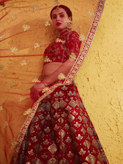 Tulsi Art Fascinating Red Embroidered Silk Bridal Lehenga Choli With Dupatta