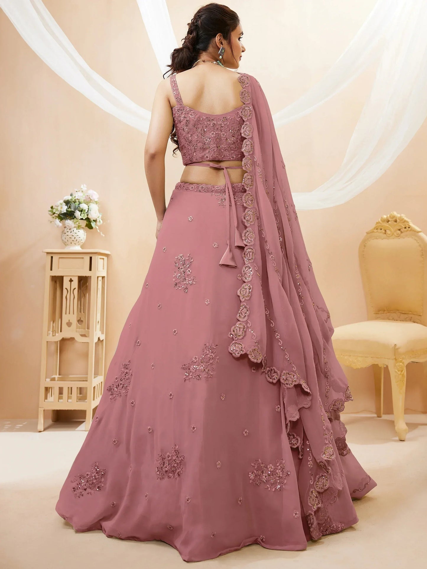 Tulsi Art Attractive Dusty Pink Sequins Georgette Party Wear Lehenga Choli