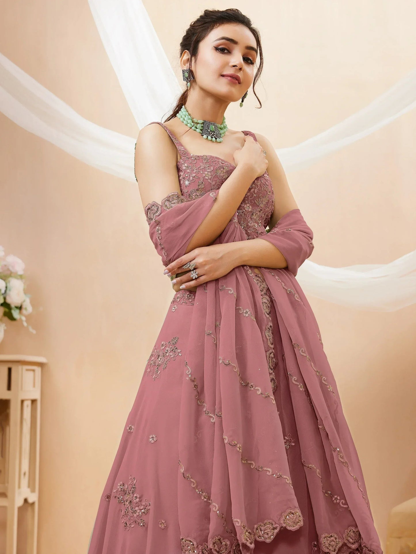 Tulsi Art Attractive Dusty Pink Sequins Georgette Party Wear Lehenga Choli