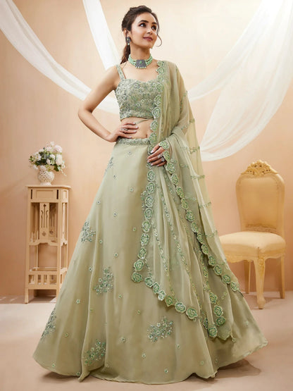 Tulsi Art Pretty Pista Green Sequins Georgette Engagement Wear Lehenga Choli