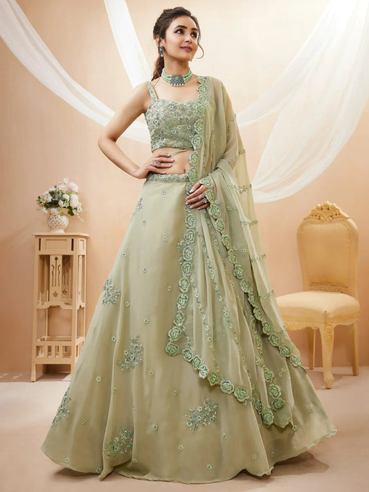 Tulsi Art Pretty Pista Green Sequins Georgette Engagement Wear Lehenga Choli