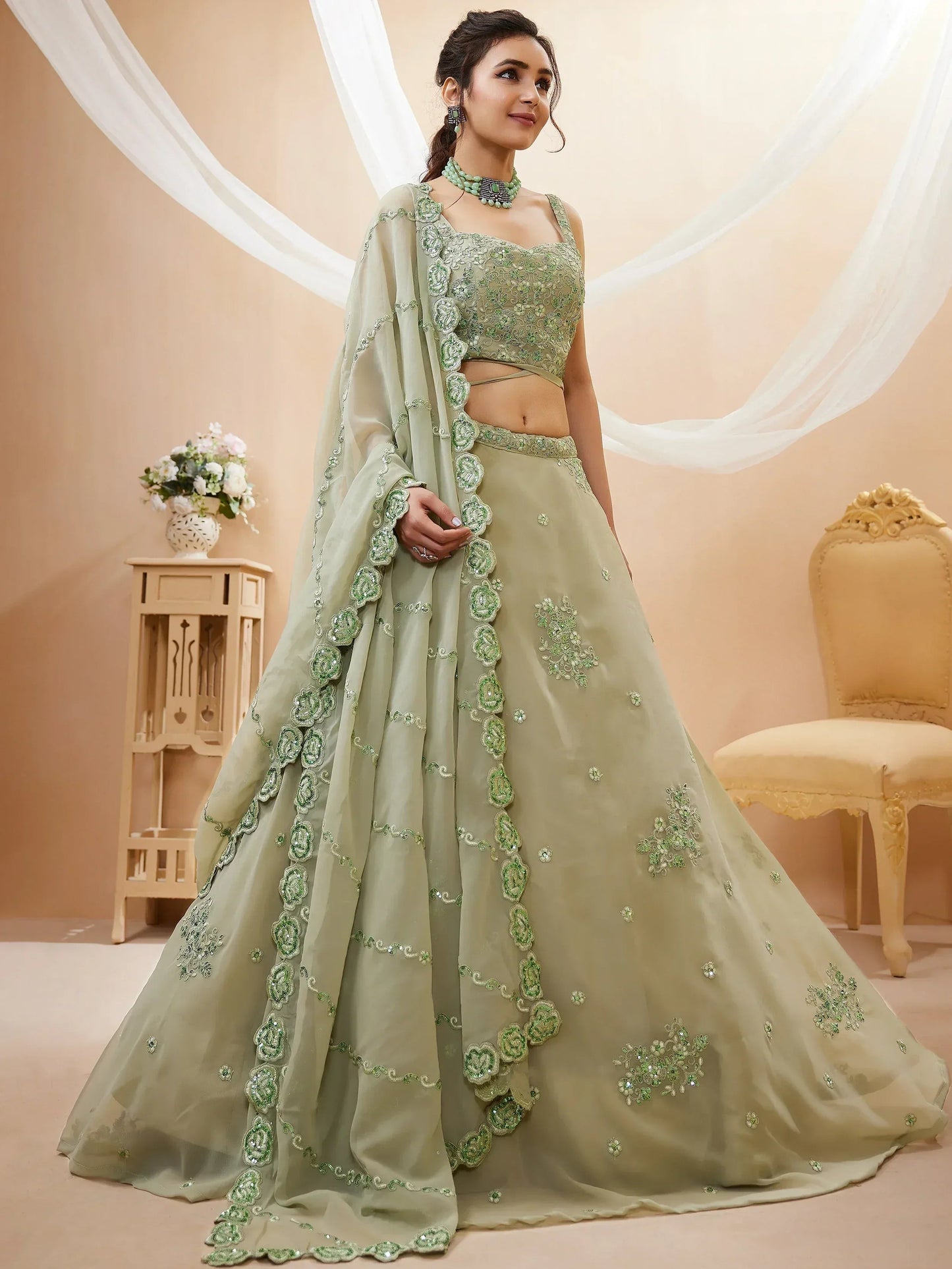 Tulsi Art Pretty Pista Green Sequins Georgette Engagement Wear Lehenga Choli