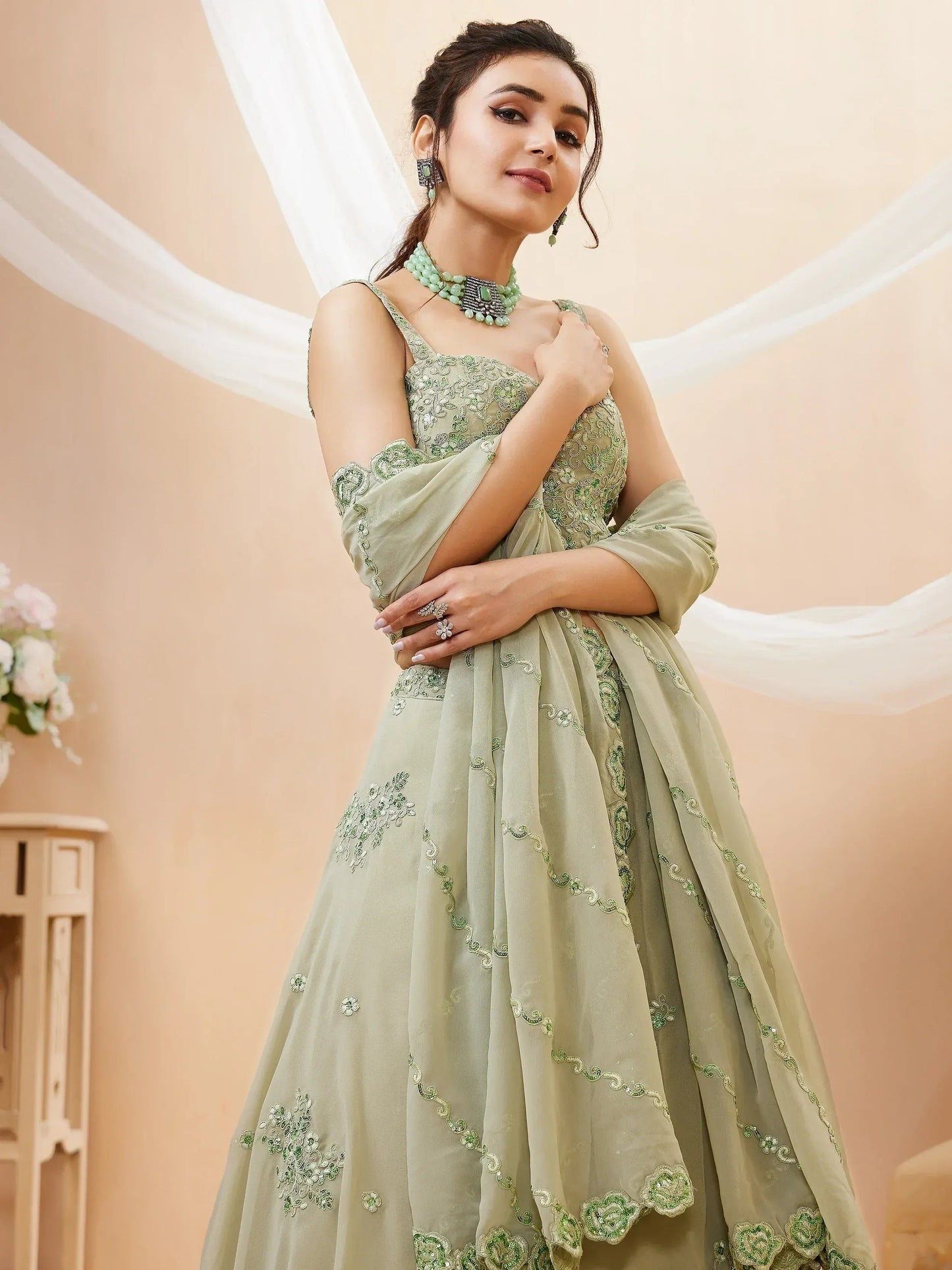 Tulsi Art Pretty Pista Green Sequins Georgette Engagement Wear Lehenga Choli