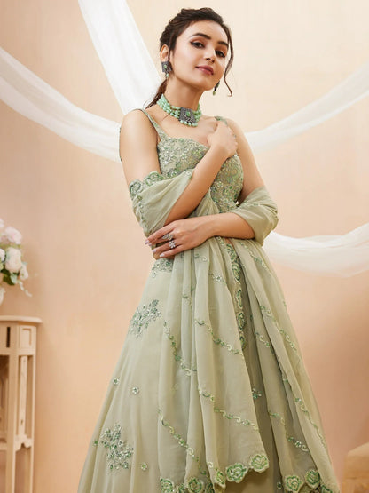 Tulsi Art Pretty Pista Green Sequins Georgette Engagement Wear Lehenga Choli